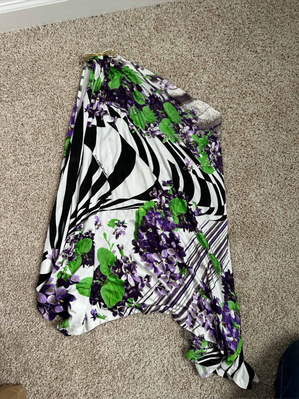Class Roberto Cavalli White Zebra & Purple Floral Tunic with Green Leaves